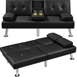Black Leather Reclining Sofa with Cup Holders