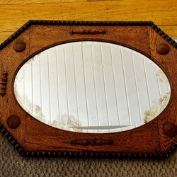 Vintage Framed Oak Octagon Beveled Ordinal Glass Mirror 