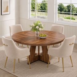 47 Inches Brown Dining Room Table with Wooden Base with Four Beige Velvet Chairs with Golden Legs.