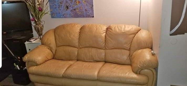 Leather sofa, loveseat and chair. Some wear and tear. Still in good condition.