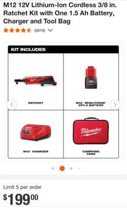 Milwaukee M12 12V Lithium-Ion Cordless 3/8 in. Ratchet Kit with One 1.5 Ah Battery, Charger and Tool Bag