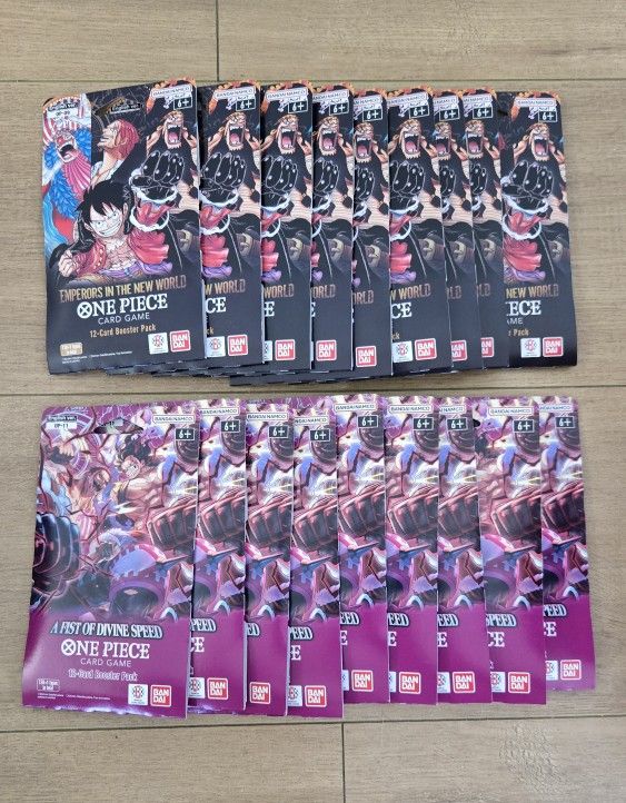 For Sale:
Brand New Still Sealed One Piece Emperors in the New World OP- 09 and A Fist of Divine Speed OP-11