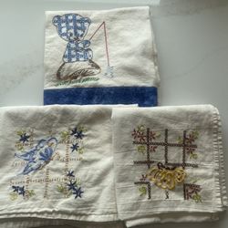 Vintage Bundle of Three (3)  Hand stitched Embroidered Kitchen Tea Towels