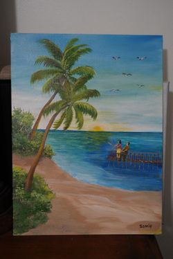 Original Signed Tropical Beach Scene Oil Painting