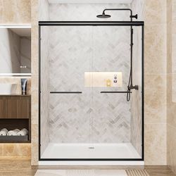 56-60" W x 72" H Shower Door, Semi-Frameless Double Sliding Glass Shower Door, 1/4 inch Clear Tempered Glass Door for Walk-in Shower Matte Black