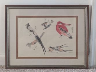 Vintage Bird Sketches TK Arts Asian Watercolor on Rice Paper 21"x16½" Painting