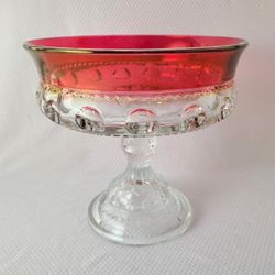 Vintage Kings Crown Thumbprint Red Glass Compote Dish 7.5"