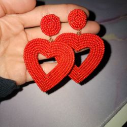 Cute Red Beaded Heart Fashion Earrings Studs 