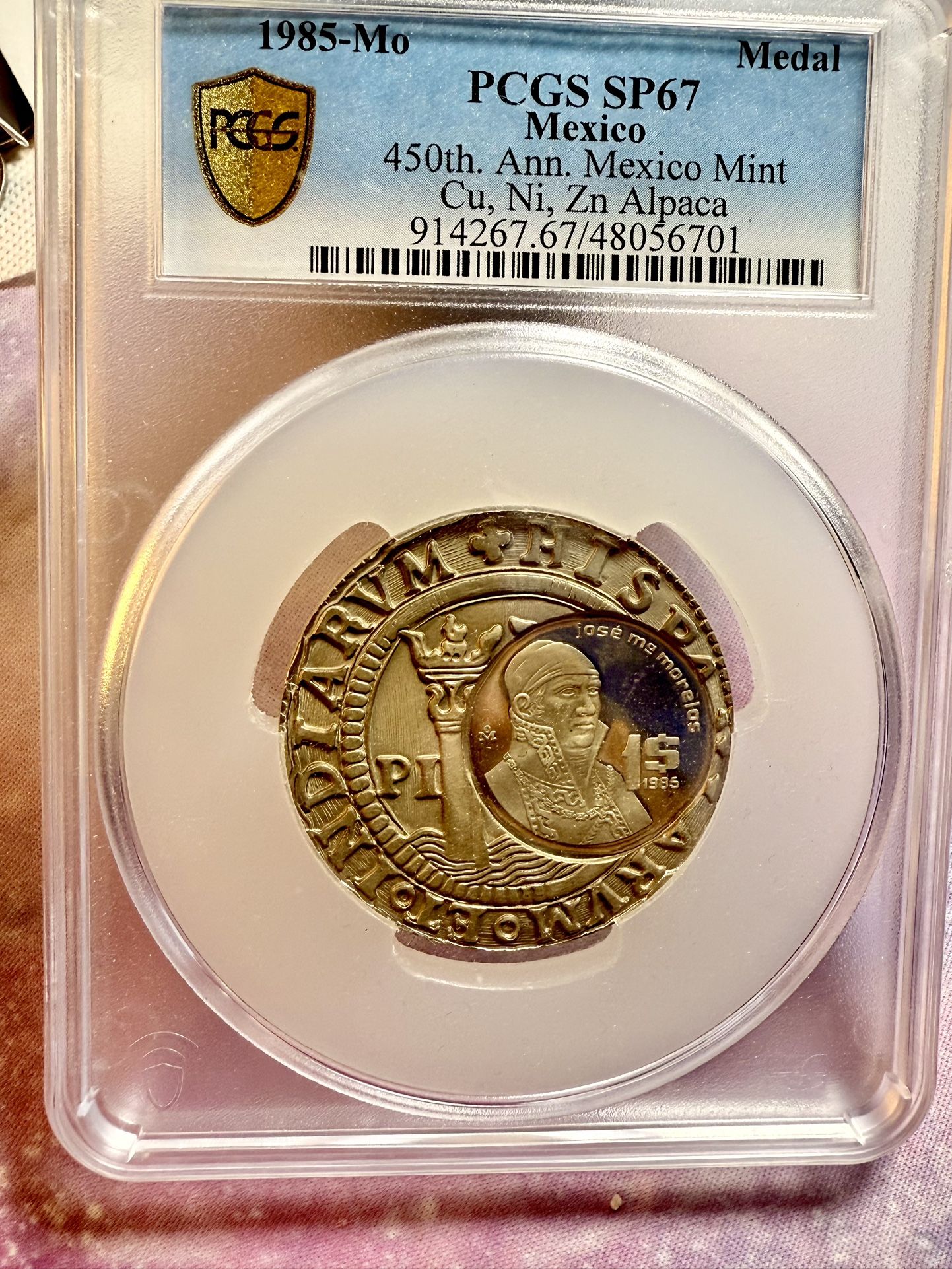 1985 SP 67 Mo 450 Th Ann Mexico Mint Cu Ni Zn Alpacas beautiful medal with commemorative