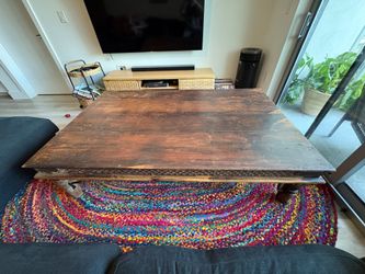 Reclaimed Solid Indian Teakwood Coffee Table Hand Carved with Iron Detailing