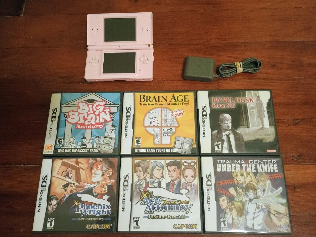 Nintendo DS Lite (Coral Pink) w/ AC Adapter & 6 Games (CIB)