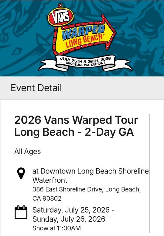 Vans Warped Tour 2026 2 Day Passes