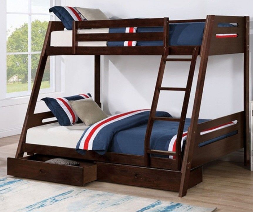 Brand New Espresso Twin Over Full Bunk Bed w Trundle Drawers