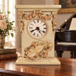 Vintage FIGI Music Lover Mantel Clock 8.25" Violin Roses Roman Numerals Floral.