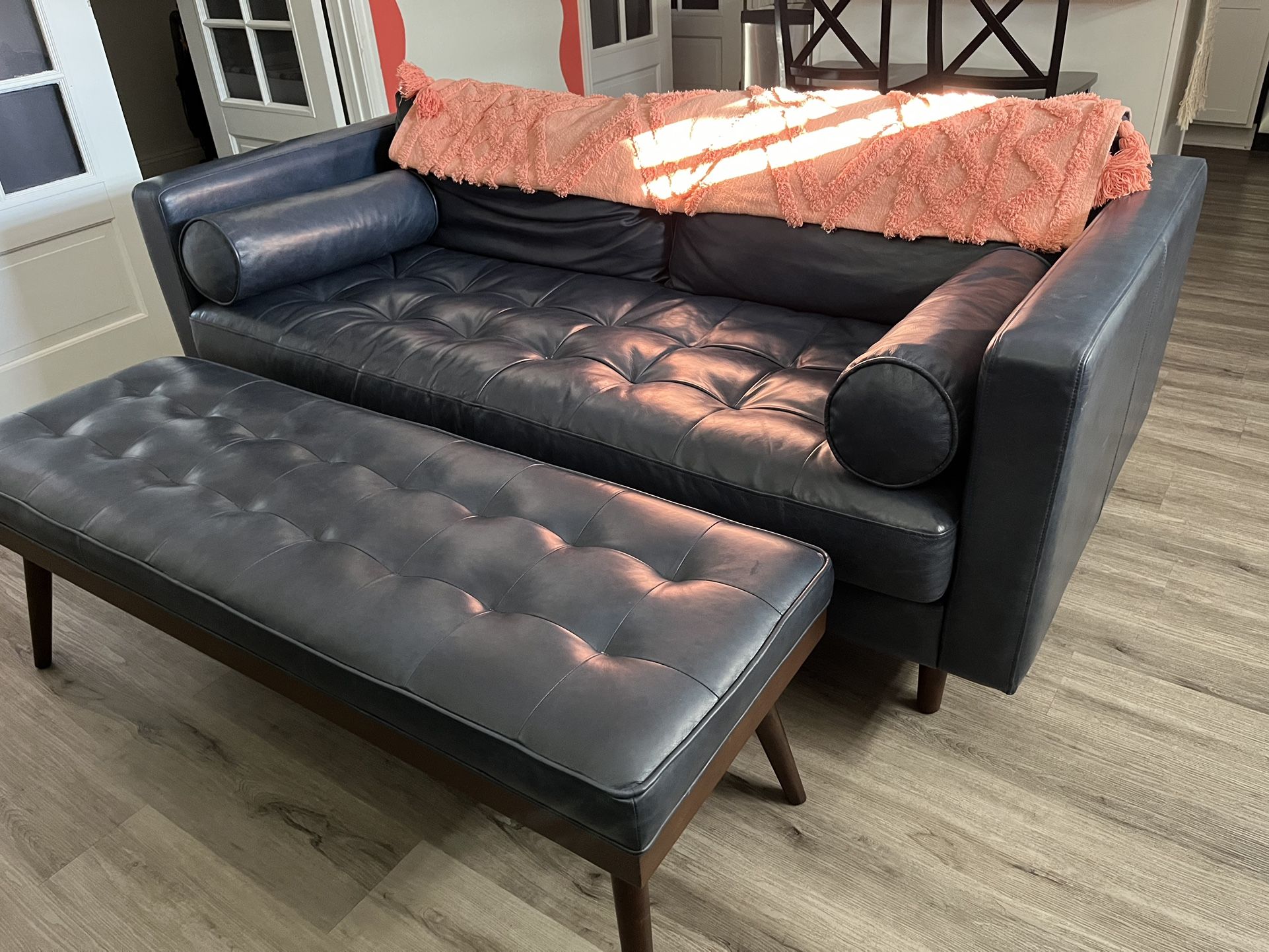 Poly & Bark Blue Leather Apartment Sofa