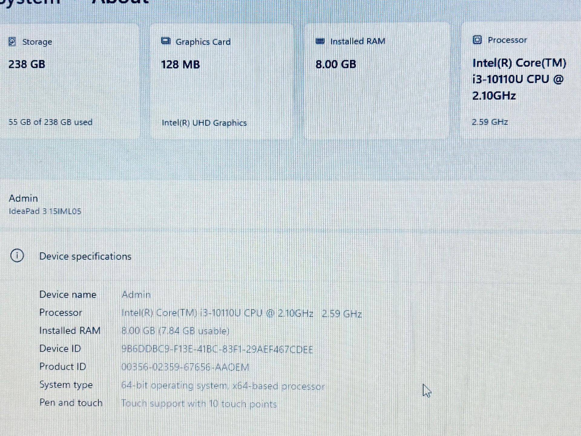 Lenovo iDeaPad 81WR 2020 TouchScreen Core i3-10110u 2.10GHz 8GB 256GB SSD