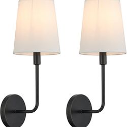 Set of 2 Black Hardwired Modern Industrial Wall Lights with Fabric Shade