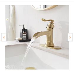 Faucet Waterfall Single Hole Single-Handle Low-Arc Bathroom W Pop-Up Drain, Gold