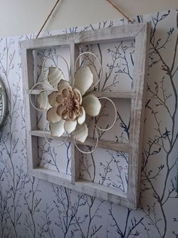 White Wood. Metal Flower. 