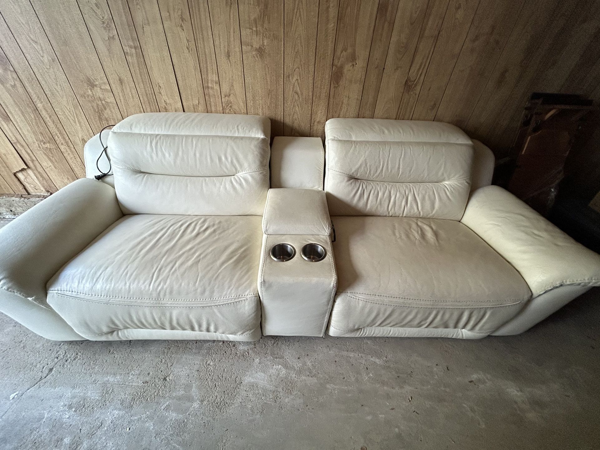 Leather Double Recliner With Console Beige Electric