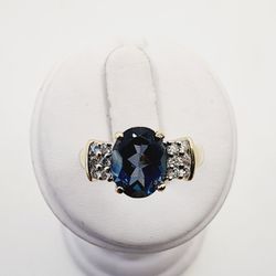 14k Gold London Blue Topaz & Diamond Ring
