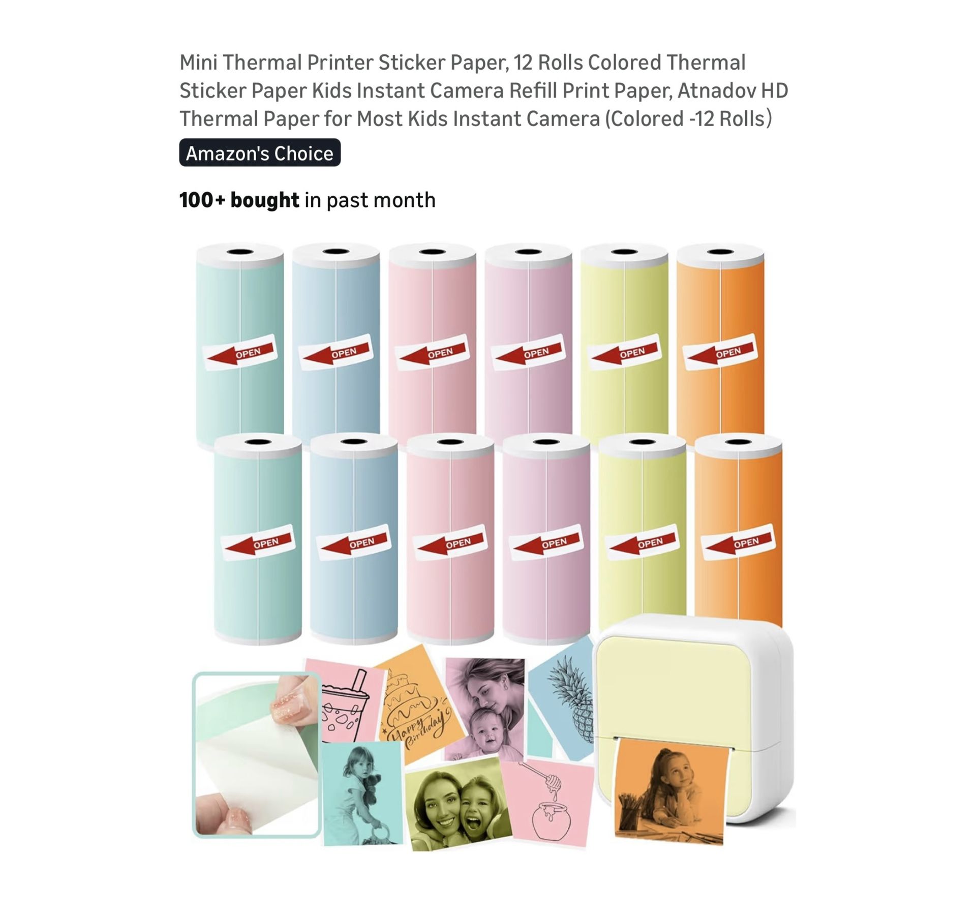 Brand new 12 Rolls colored Mini Thermal Printer Sticker Paper, 12 Rolls Colored Thermal Sticker Paper Kids Instant Camera Refill Print Paper, Atnadov