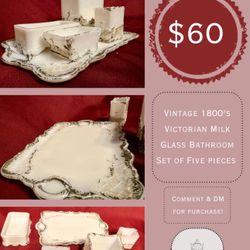 Rare Antique milk glass vanity set with gold trim.