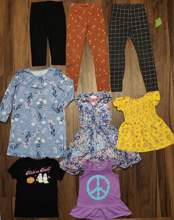 Lot of 8 Pcs Girls Sz 6 to 7 Clothing- 3 Bottoms, 3 Tops, 1 Dress, & 1 Nightgown