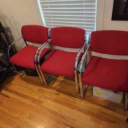 3 Vintage Chairs. Chrome Frame With Red Fabric. 
