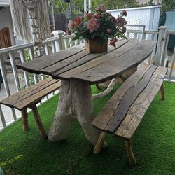 HANDCRAFTED Solid wood Patio Table With two benches.  handmade 