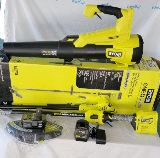 Brushless Cordless Battery String Trimmer and Leaf Blower Combo Kit with 4.0 Ah Battery and Charger