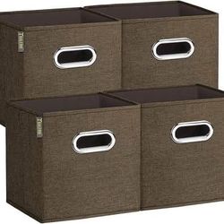 BALEINE Premium Foldable Cube Storage Bins – 4-Pack Linen Fabric Organizer (Brown)