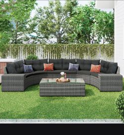 Old SKU: FG201215AAE> 8-pieces Outdoor Wicker Round Sofa Set, Half-Moon Sectional Sets All Weather, Curved Sofa Set With Rectangular Coffee Table, PE