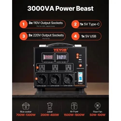 Power Converter, 3000W, Durable Step Up/Down Unit, Switches between 110V and 220V, Includes US and EU Outlets plus 5V USB, CE Approved#173