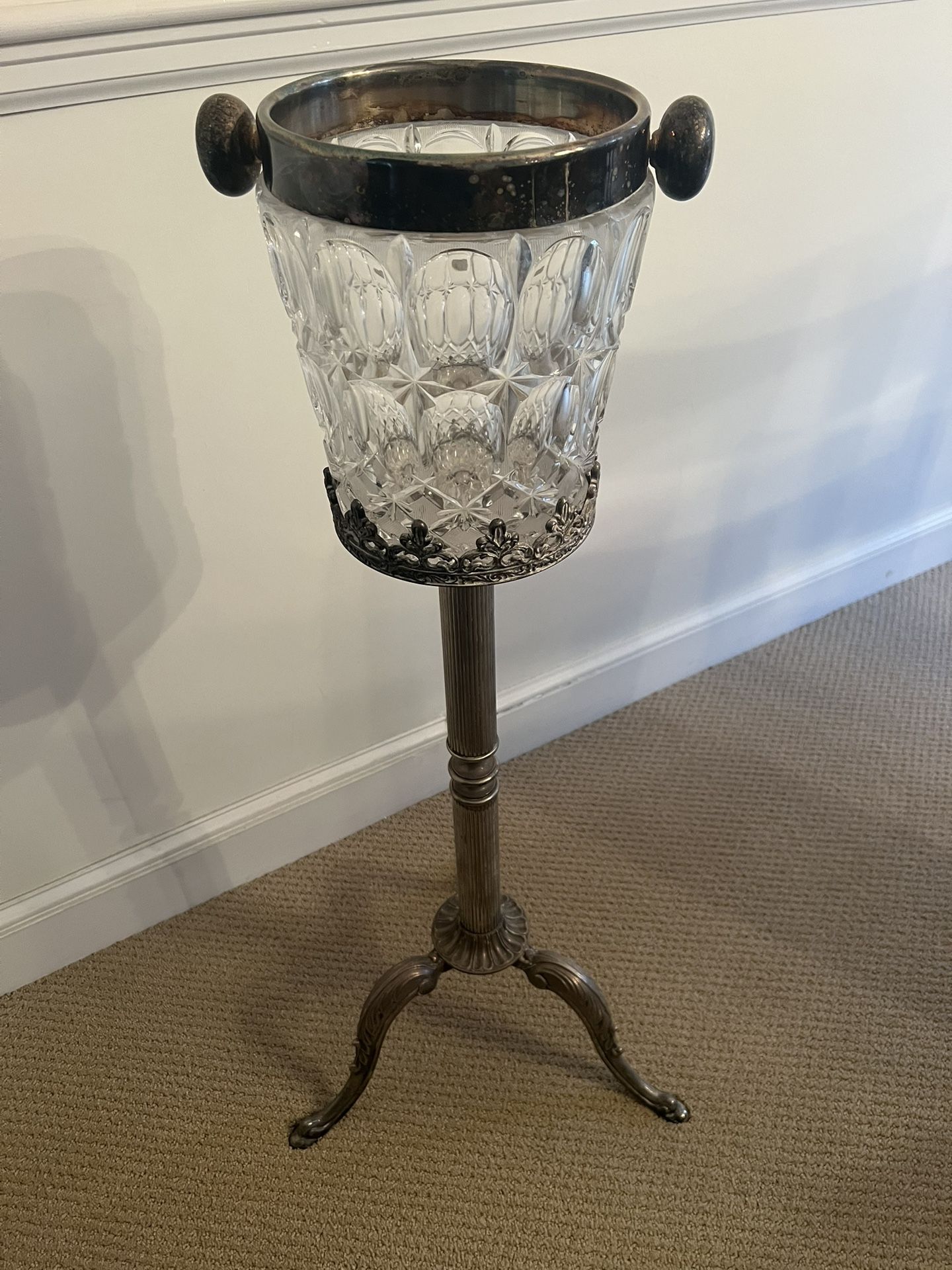 Crystal Champagne Ice Bucket On Silver Plated Stand