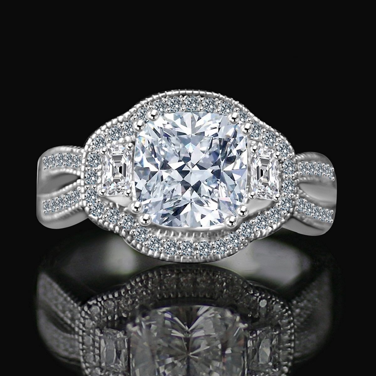 2.5 CT. Cushion Radiant Vintage micro pave halo split shank engagement/wedding three stone Sterling Silver ring Simulated Diamond