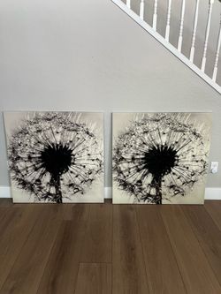 TWO 40x40 (80x40) Large Beige & Black Dandelion Textured Canvas Wall Artwork