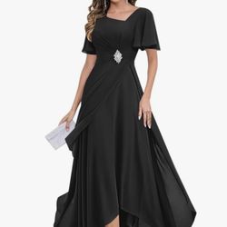 Black Chiffon Evening Gown For Formals Or Weddings Crystal Pin. New, Never Worn Size 10