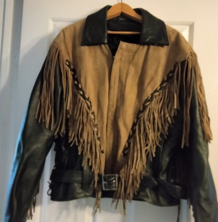 Black Leather & Beige Overlay Fringe Jacket