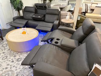 Furniture- Genuine leather zero gravity power motion sofa with 2 recliners- Hewitt