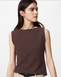 UNIQLO Shirring Boat Neck Sleeveless T-Shirt | Brown |Size XL