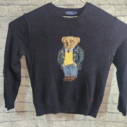 Polo Ralph Lauren Navy Sweater With Iconic Bear Design Cotton/Linen Blend Knit Mens Size L