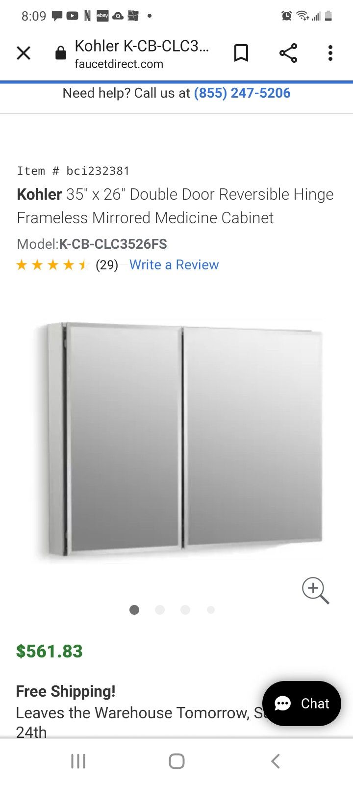 Brand New Kohler Mirrored And Chrome Cabinet With Glass Shelves