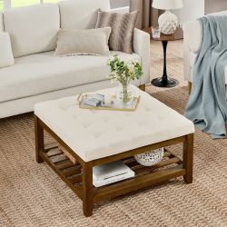 Beige Tufted Upholstered Square Coffee Table Ottoman With Beech Wood Shelf [NEW] **Assembly Req** 