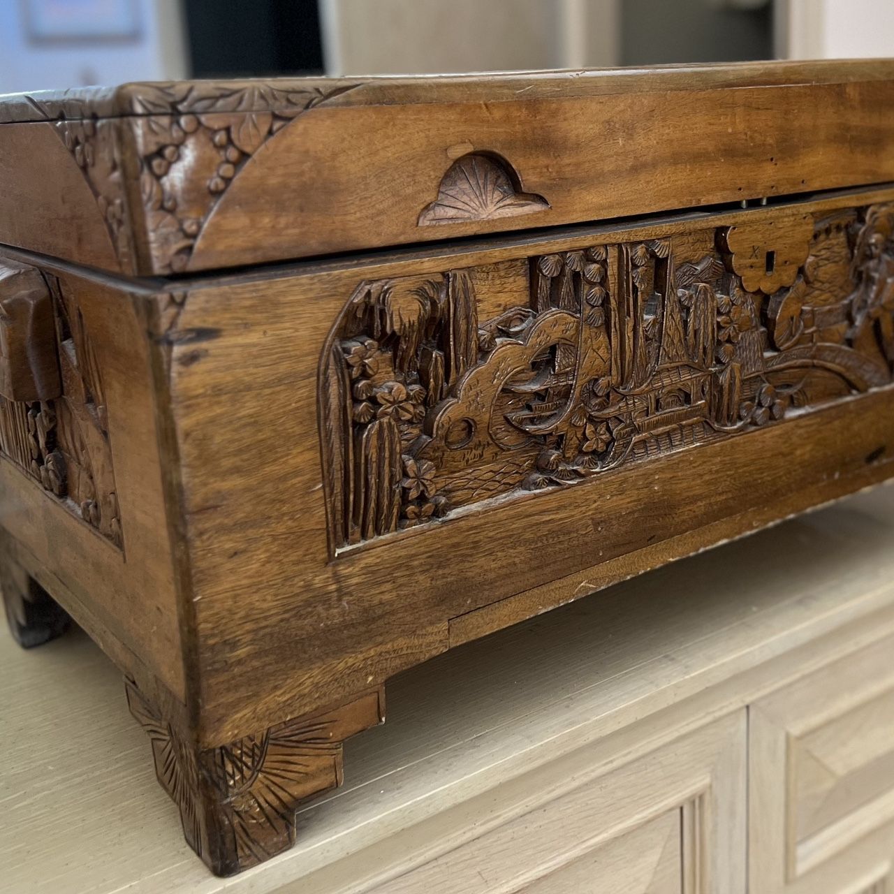 Hand Carved Camphor Wood Freestanding Chest