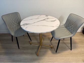 Modern Faux Marble Dining Table Set w/ 2 Gray Upholstered Chairs