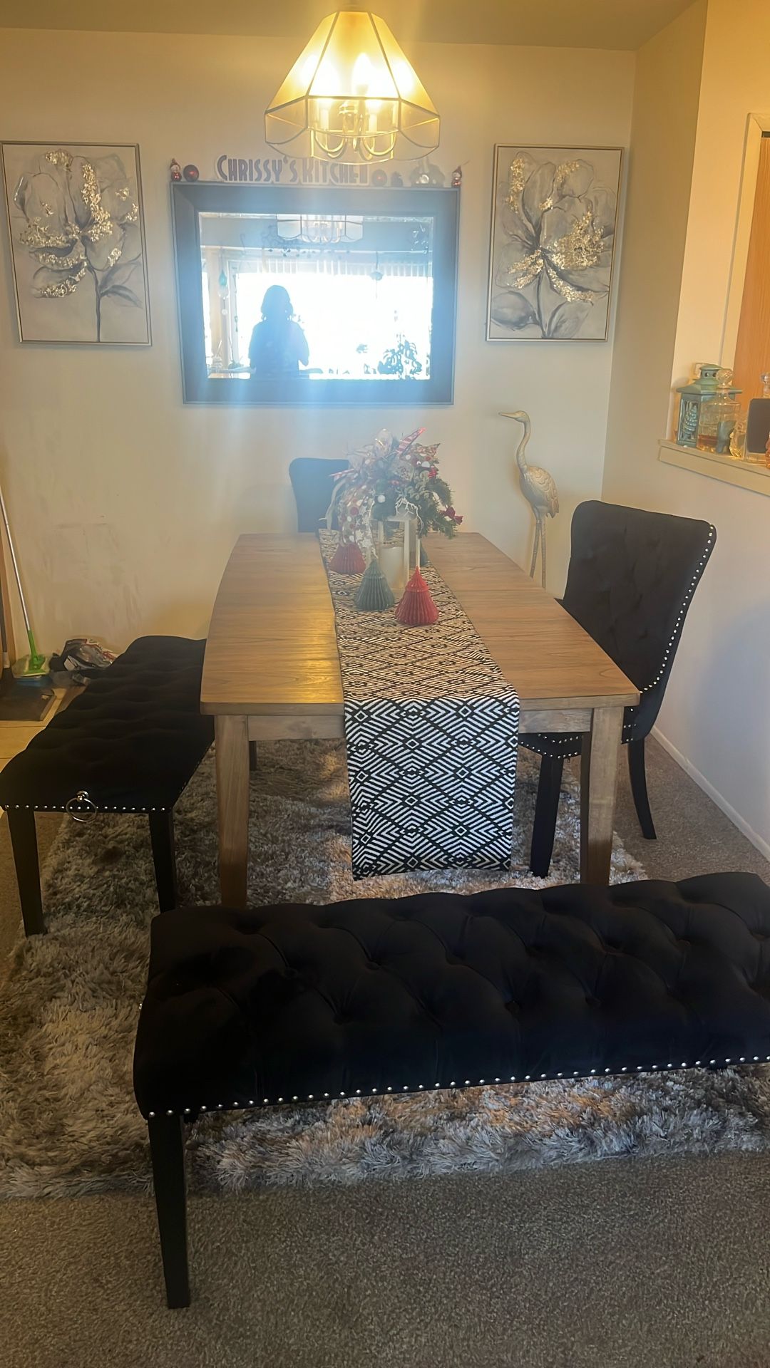 Dining Room Table Set Two Chairs Two Benches