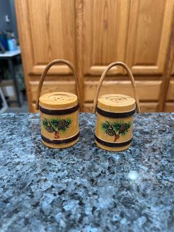 Vintage Wooden Salt and Pepper Shakers Buckets with Handles Pinecones.   Preowned some minor paint wear due to age see pictures.