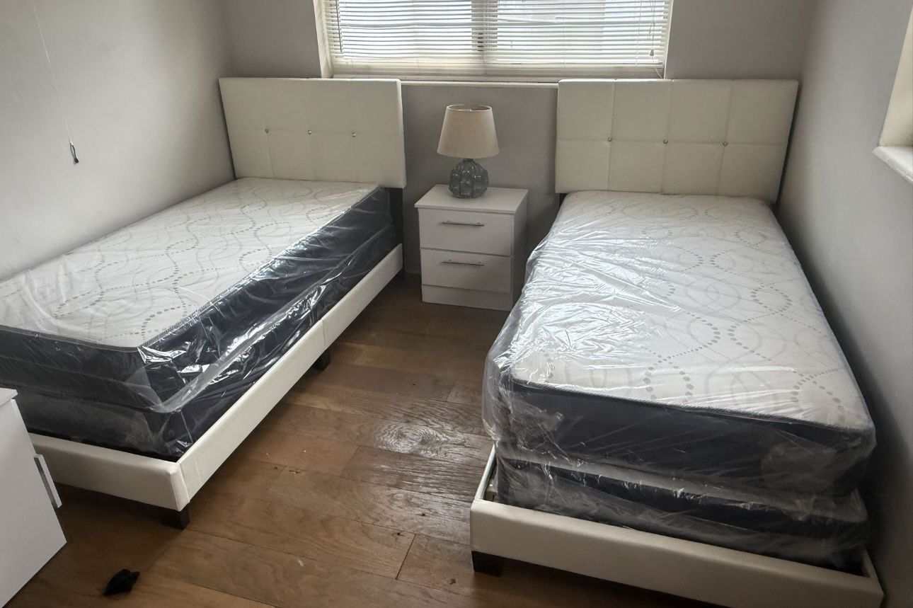 TWO NEW BED FRAME TWIN SIZE WITH MATTRESS AND BOX SPRING