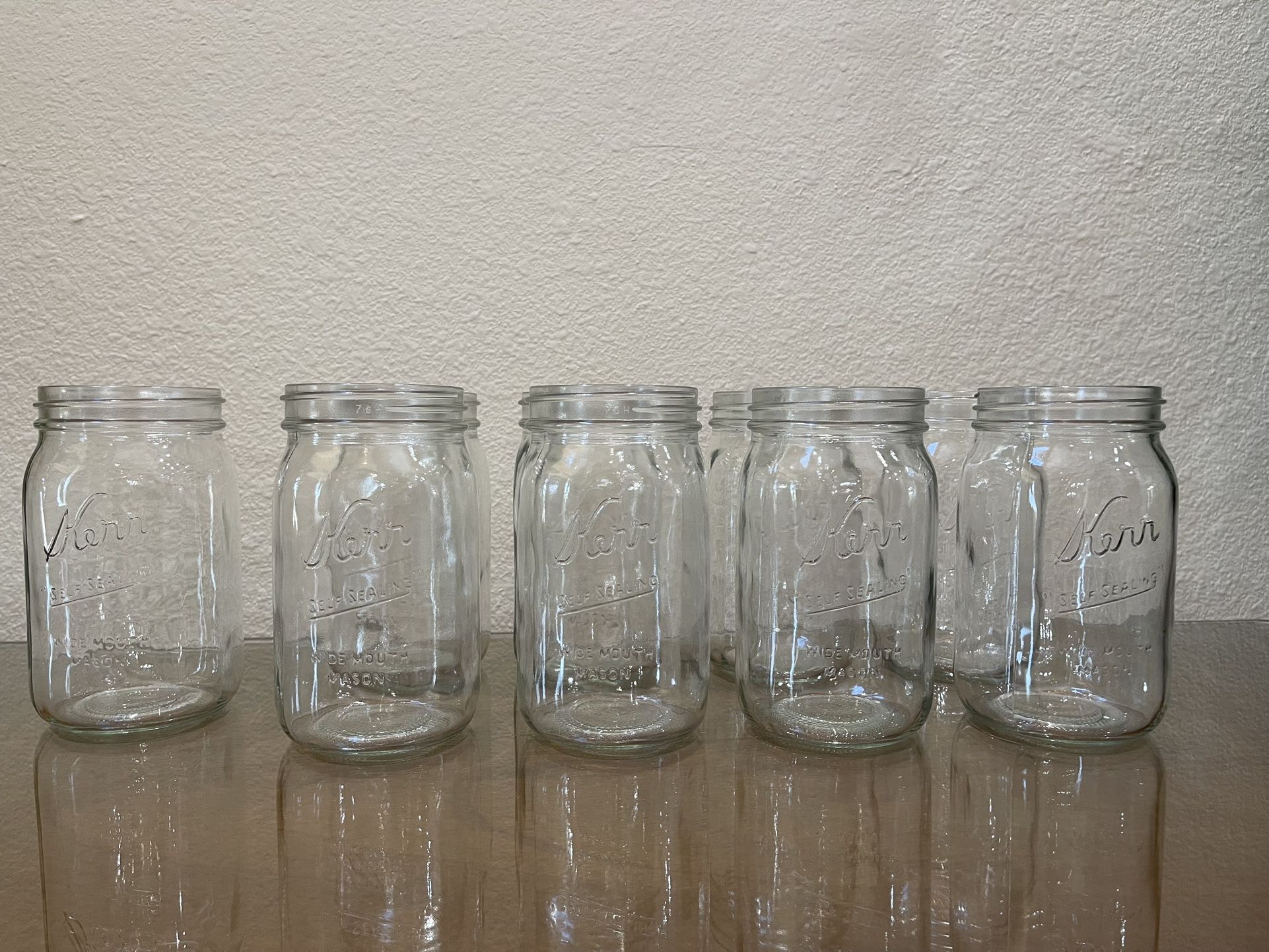 (9) Vintage Kerr “Self Sealing” Wide Mouth Mason Jars, 7” Tall